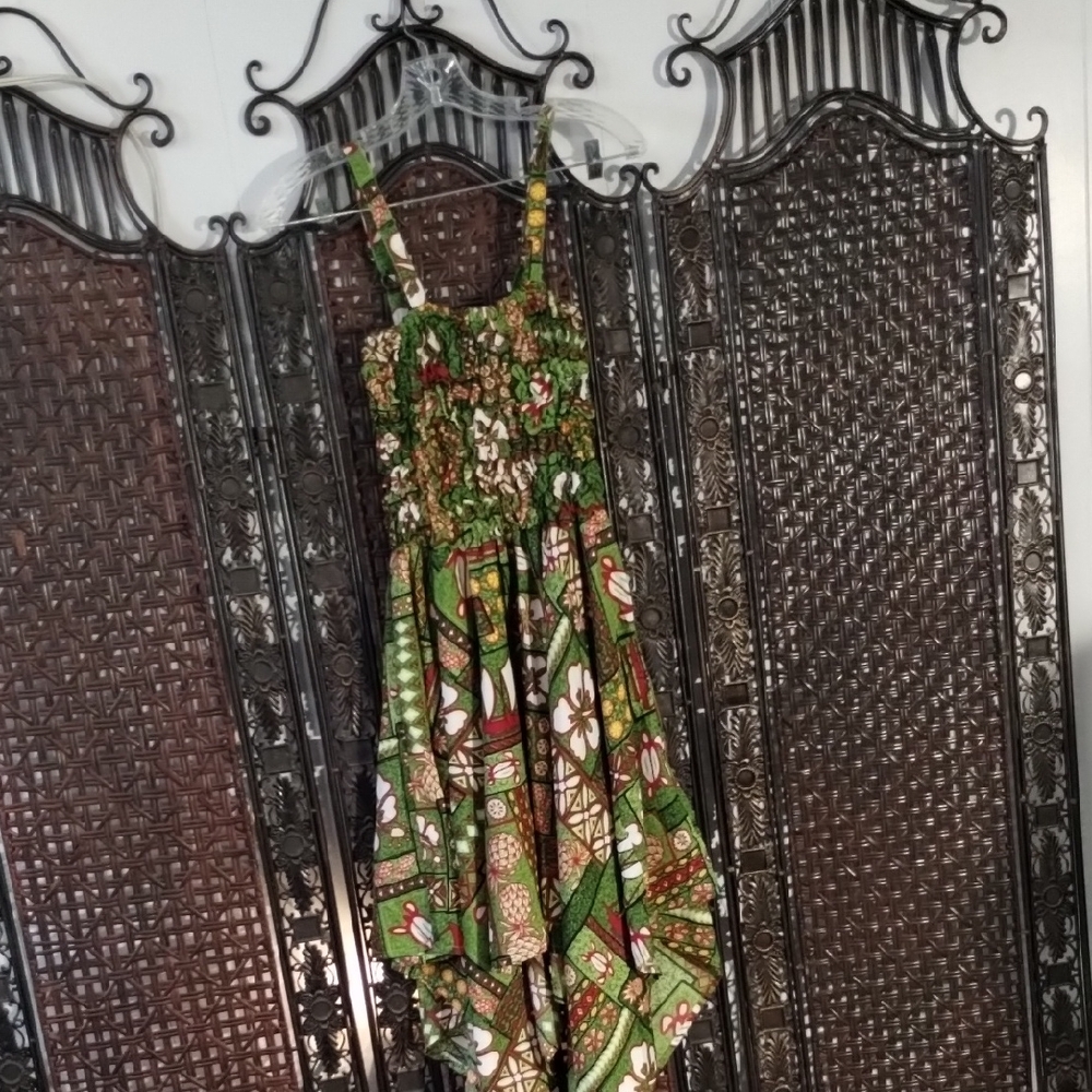 Tropical Green Floral Handkerchief Hem Sundress Geometric  Fairy Gypsy One Size